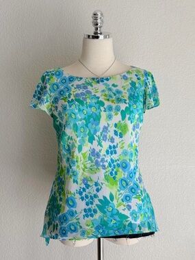 Danny & Nicole Blue and Green Floral Scoop Neck Short Sleeve Blouse